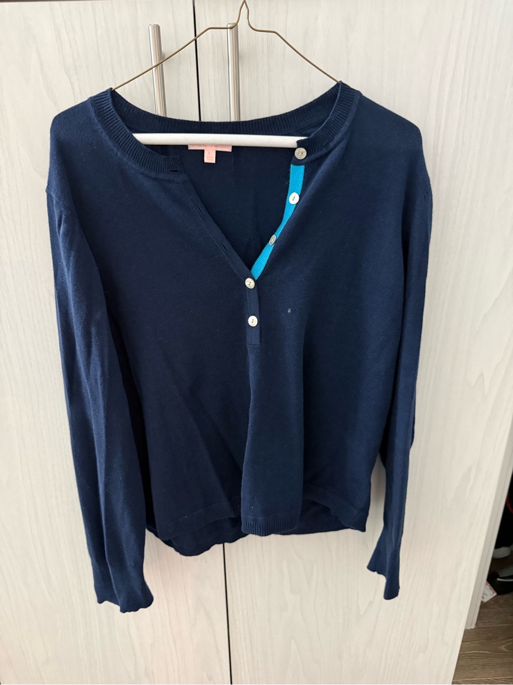 Lisa Todd Navy Blue Long Sleeve Henley Top with Teal Trim